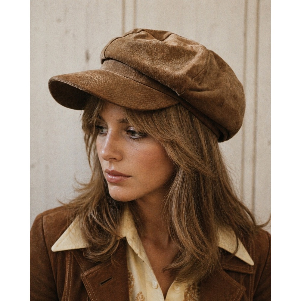 Vintage Brown Suede Newsboy Cap Baker Boy Hat Genuine Leather 8-Panel Cabbie Hat - Picture 1 of 5